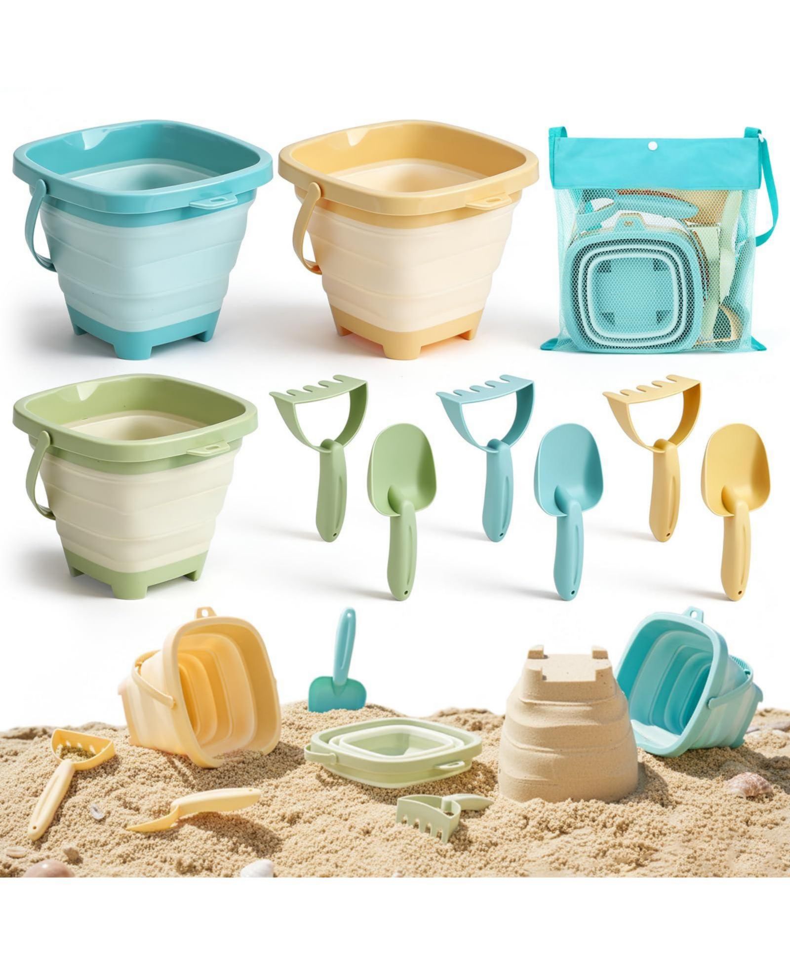 Gnuadz Collapsible Sand Buckets with Shovels, Rakes, and Mesh Bag, 3-Piece Set, Ages 3+