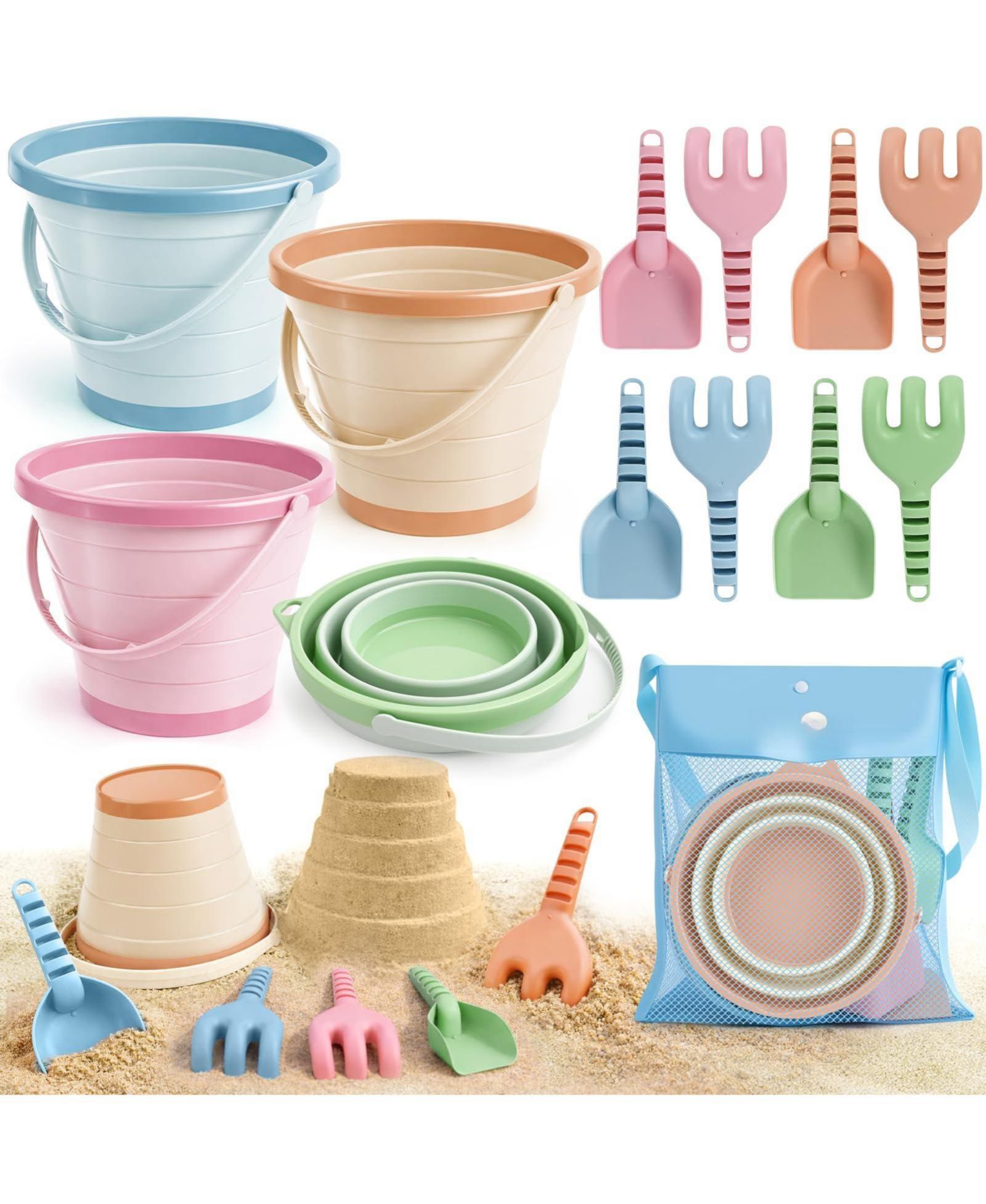 Gnuadz Sandcastle Kit Collapsible Bucket Set with Shovels, Rakes & Mesh Bag, 2.5L, Ages 3+