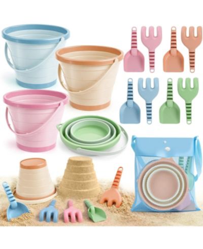 Gnuadz Sandcastle Kit Collapsible Bucket Set with Shovels, Rakes & Mesh Bag, 2.5L, Ages 3+