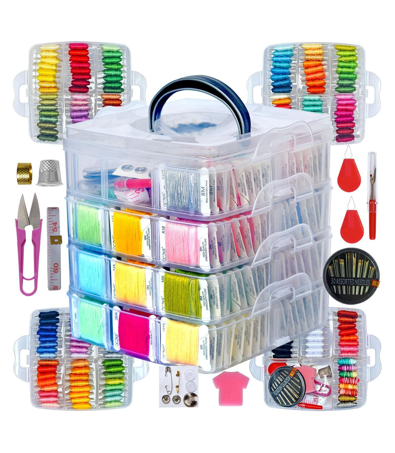 GNUADZ 176 Embroidery Floss Set Tools Kit 4-Tier Organizer Box