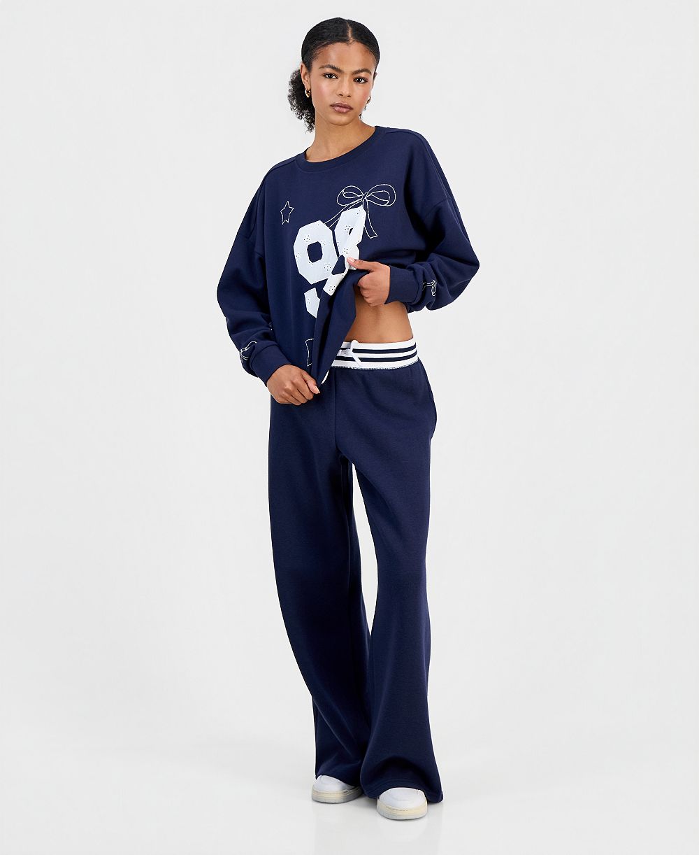 Madden Girl Juniors' Wide Fleece Contrast-Waist Sweatpants