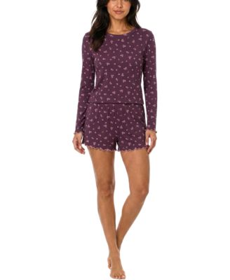 Roudelain Women's Boat Neck Long-Sleeve Ribbed Tee and Shorts Set, 3" Inseam