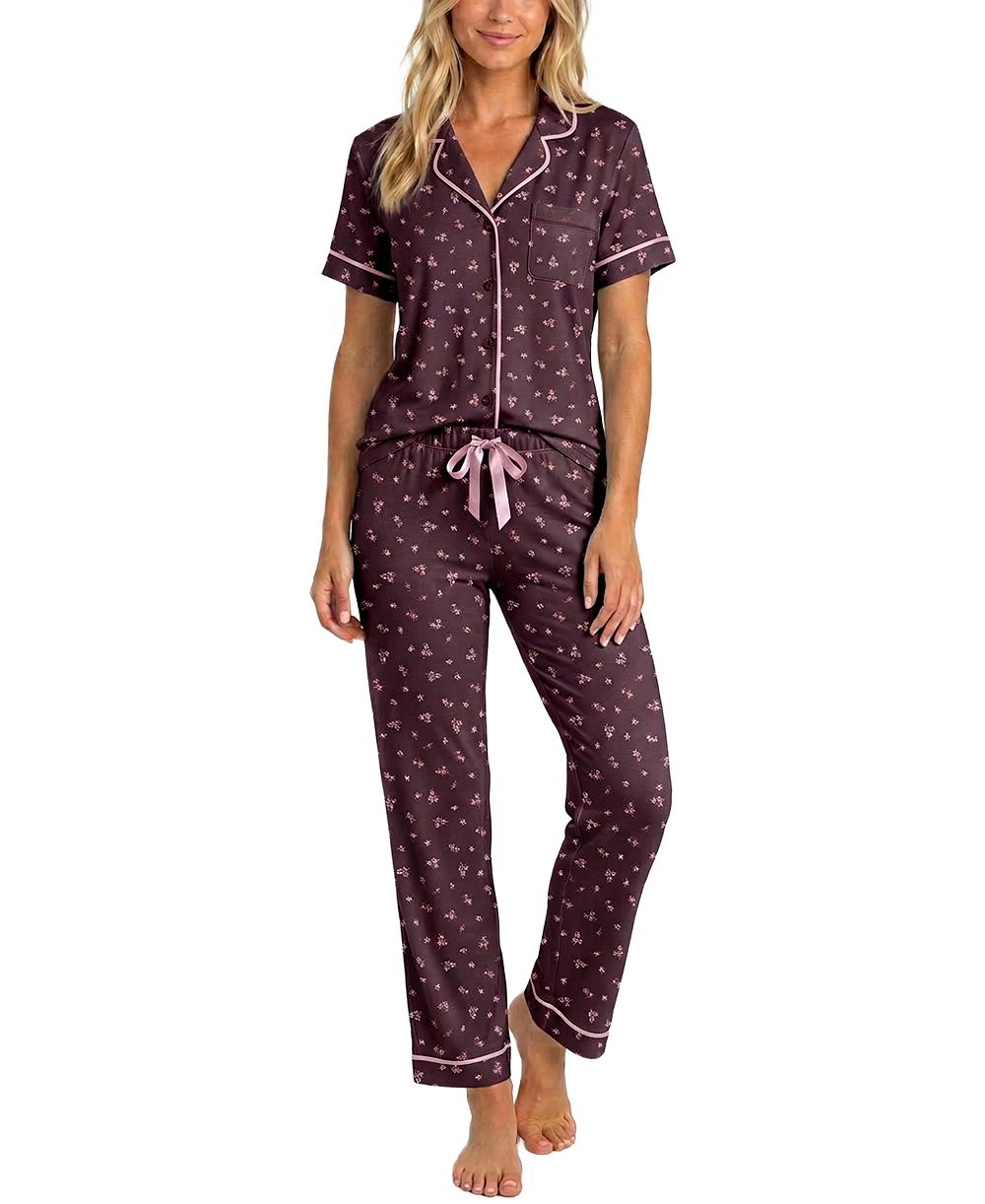 Roudelain Women's Satin Piping Notch Collar Pajama Set, 29" Inseam
