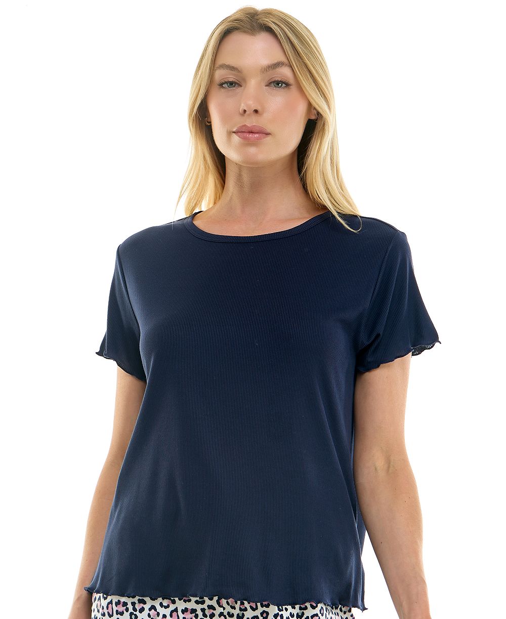 Roudelain Women's Crew Neck Lettuce-Edge Trim Short-Sleeve Tee