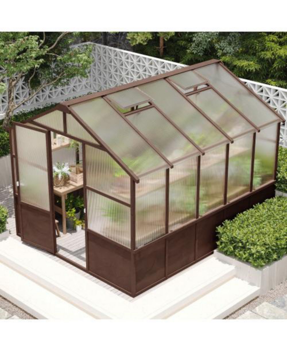 Lovmor 8 x 10 FT Wood Polycarbonate Walk In Polycarbonate Greenhouse for Outdoor Garden Backyard Dark Coffee