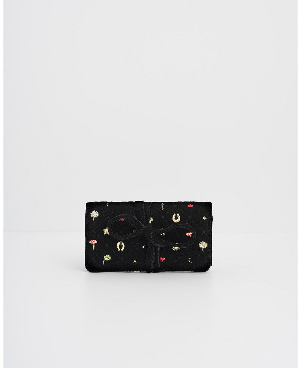 Fable England Women's Quilted Celestial Velvet Embroidered Jewellery Roll