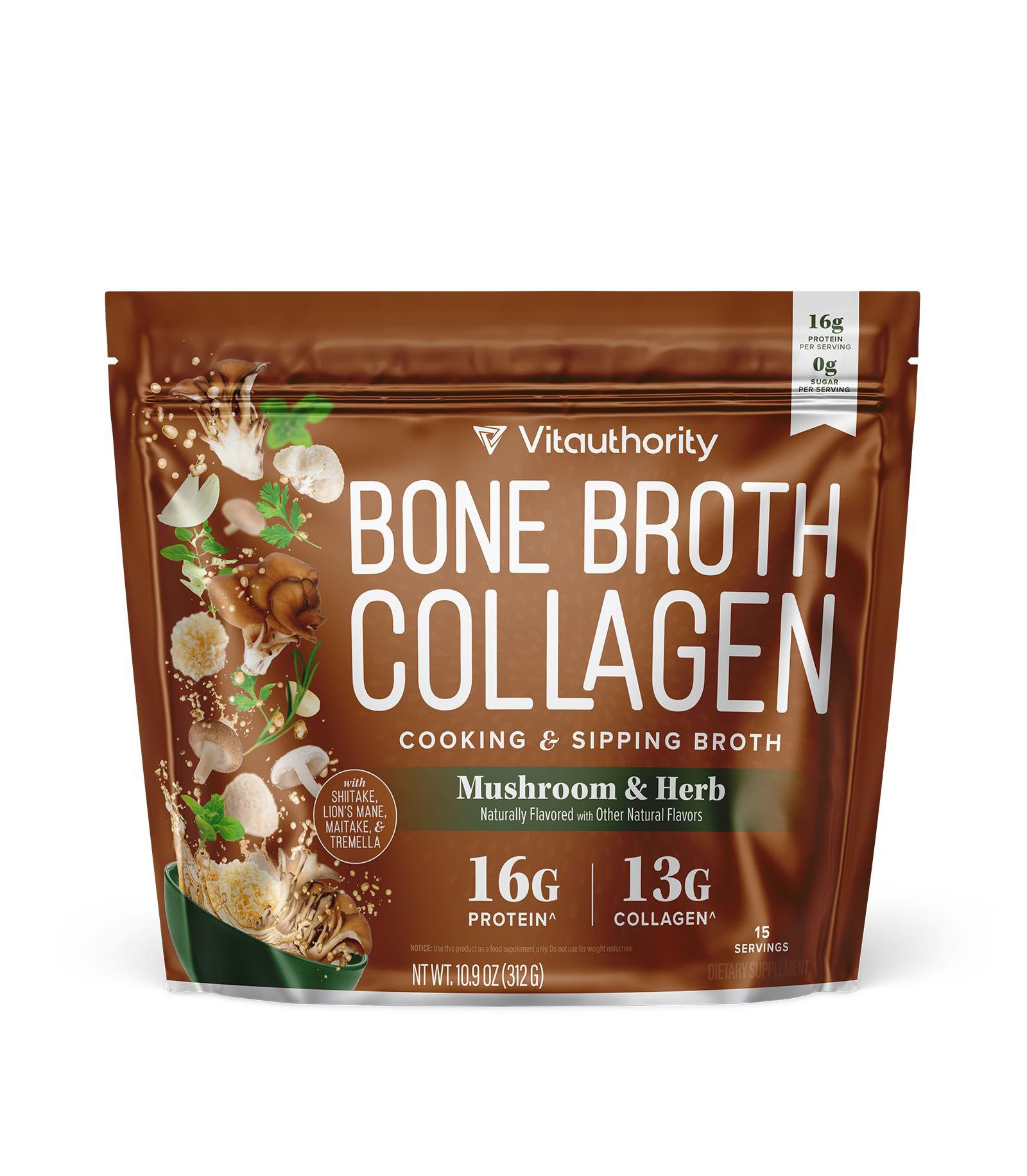 Порошок с коллагеном и грибами Vitauthority Bone Broth, пакет 310 грамм, поддержка белка и коллагена