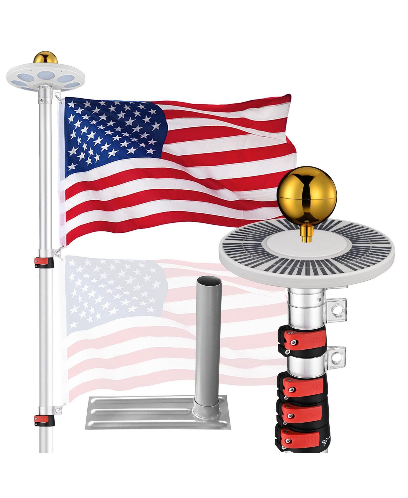 Yescom EZ GO 25Ft Aluminum Telescopic Flag Pole Kit w/ Solar Light and Flagpole Holder for Camper RV Tailgate
