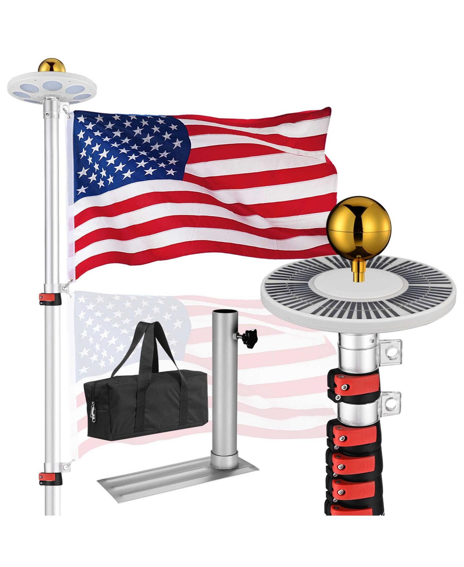 Yescom EZ GO 30Ft Aluminum Telescopic Flag Pole Kit w/ Solar Light and Flagpole Holder for Outside House