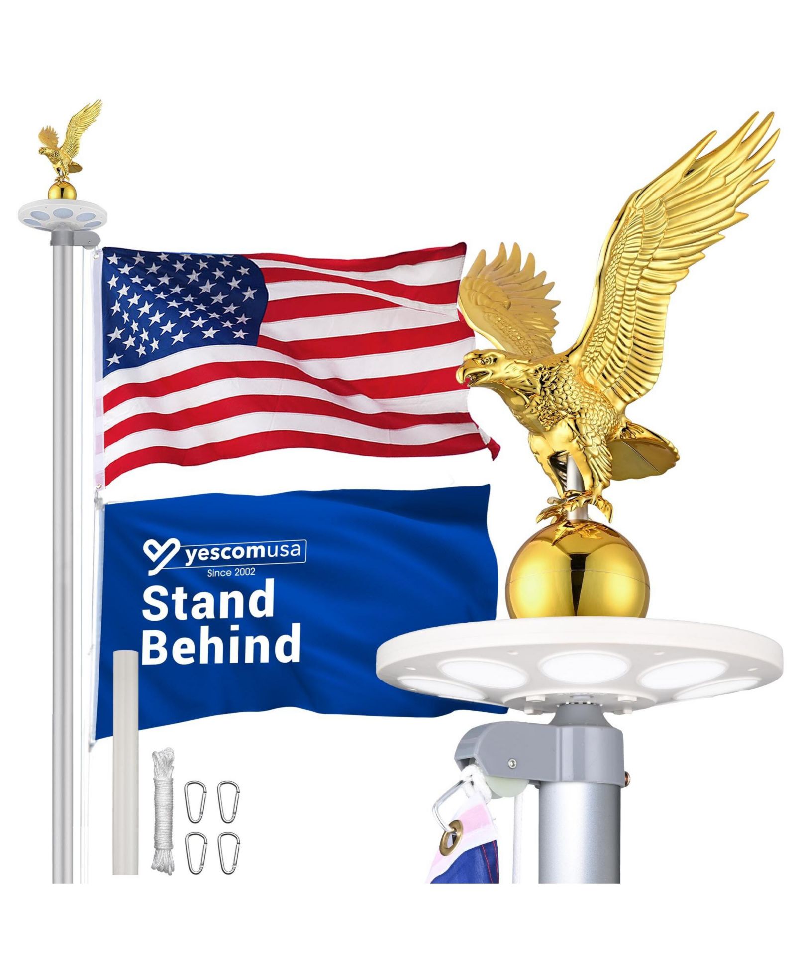 Yescom Bravery 30ft 13 Gauge Sectional Flag Pole Kit w/ Solar Light Eagle Topper