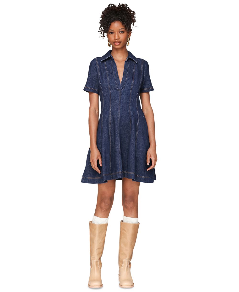 Avec Les Filles Women's Denim Collared Fit and Flare Mini Dress