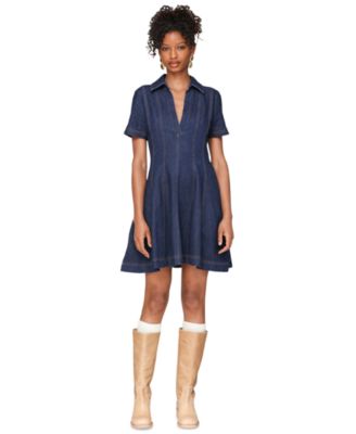 Avec Les Filles Women's Denim Collared Fit and Flare Mini Dress