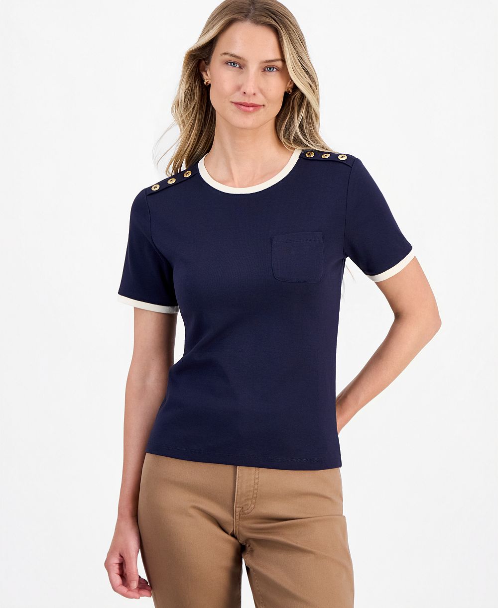 Nautica Women's Cotton Button-Shoulder Ringer T-Shirt