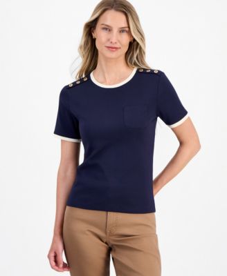 Nautica Women's Cotton Button-Shoulder Ringer T-Shirt