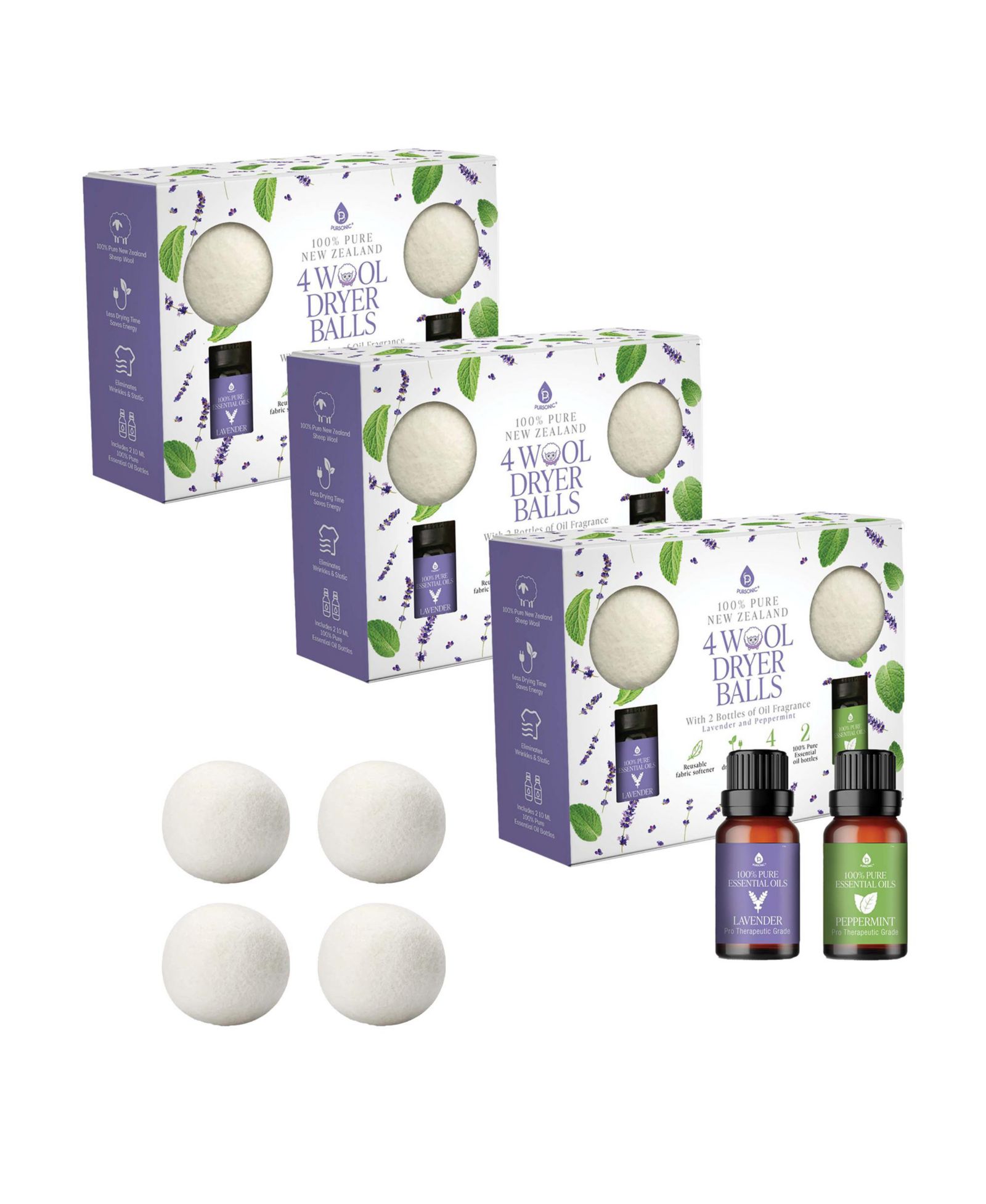 PURSONIC Wool Dryer Balls Bundle - 3-Pack of Durable Laundry Balls Made from Pure New Zealand Wool + Lavender and Peppermint Essential Oils