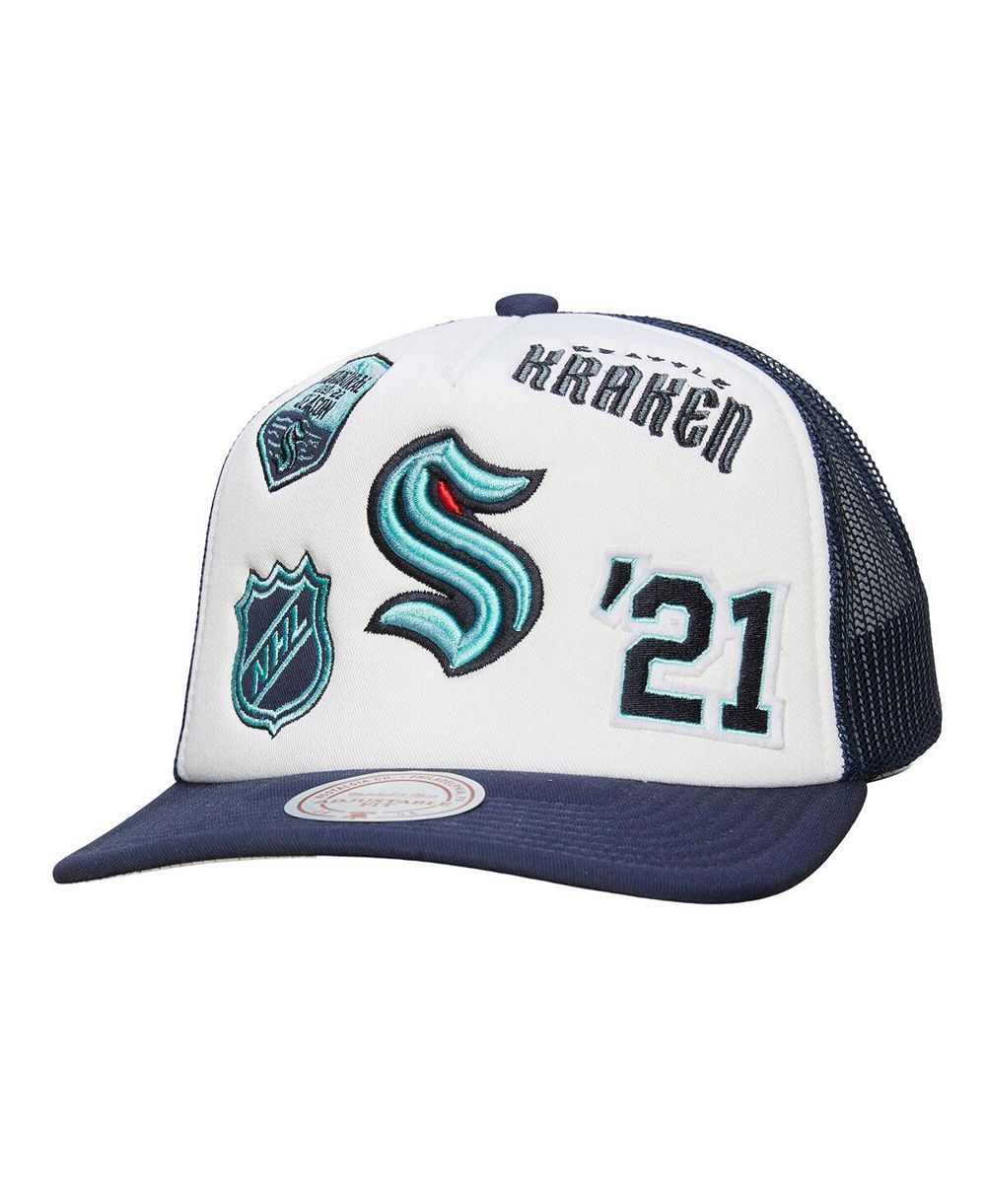 Mitchell & Ness Men's White/Deep Sea Blue Seattle Kraken Gridlock Trucker Adjustable Hat