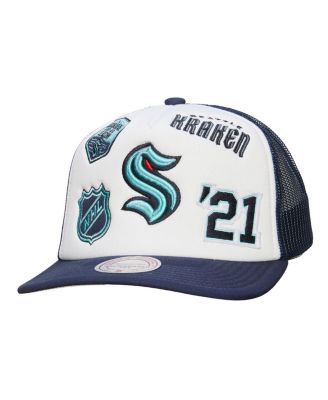 Мужская кепка Mitchell & Ness Seattle Kraken Gridlock Trucker, белая/deep sea blue, регулируемая