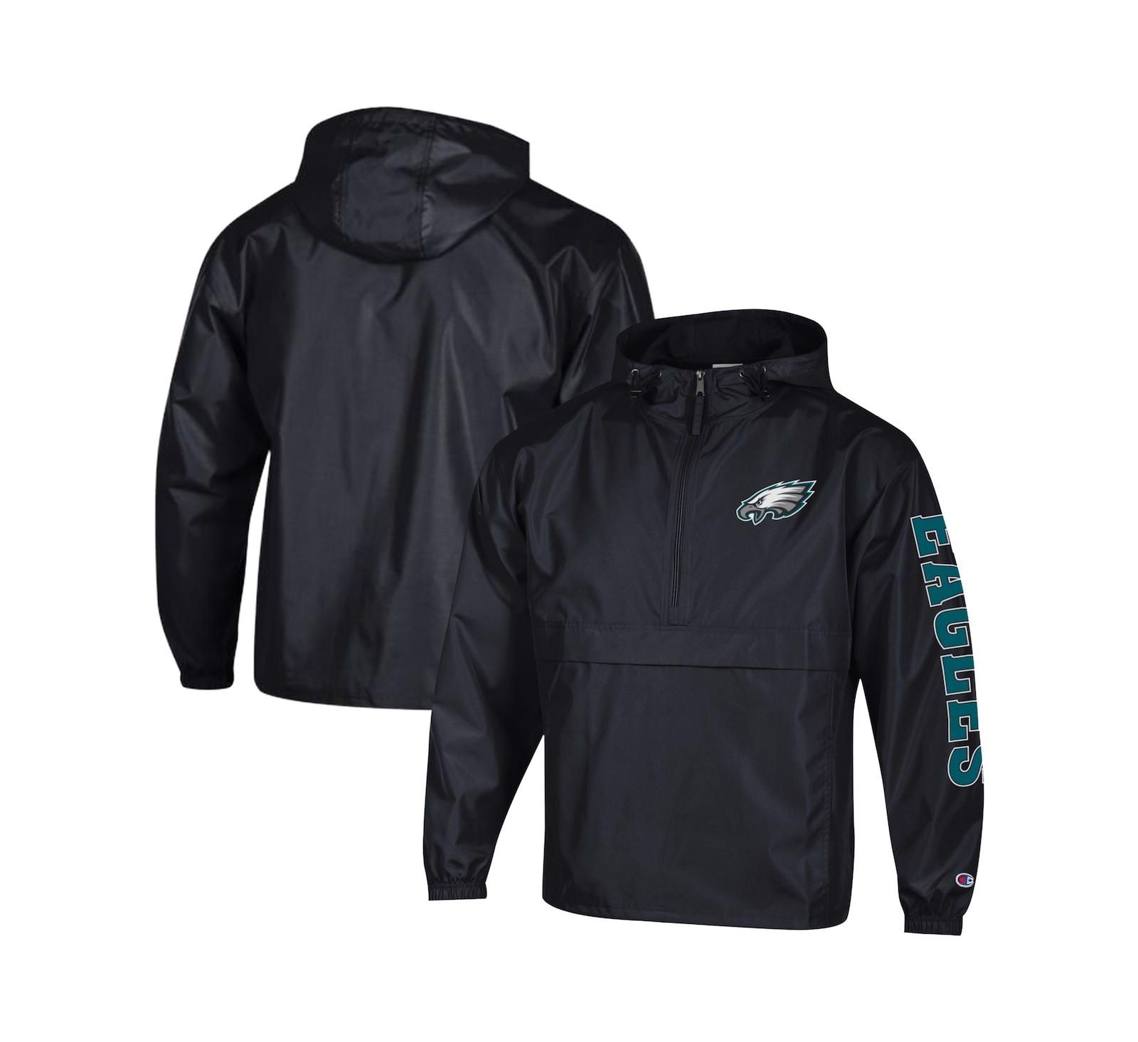 Champion Men's Black Philadelphia Eagles Packable Hooded Windbreaker Half-Zip Jacket
