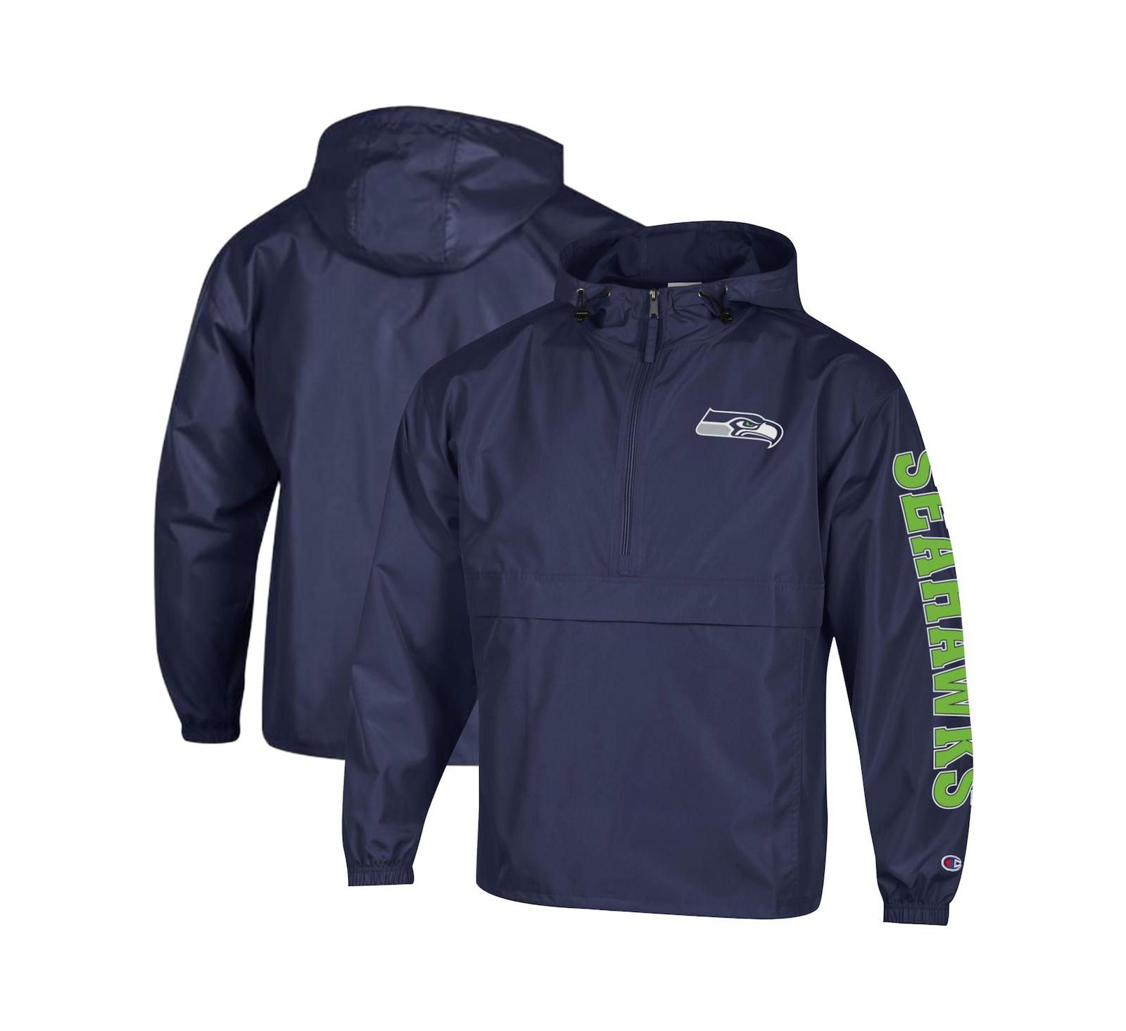 Champion Men's College Navy Seattle Seahawks Packable Hooded Windbreaker Half-Zip Jacket