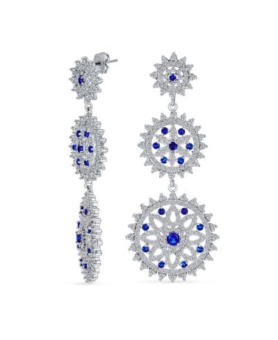 Bling Jewelry cocktail Fashion Statement Blue Sapphire CZ Triple Circle Medallion Statement Chandelier Earrings
