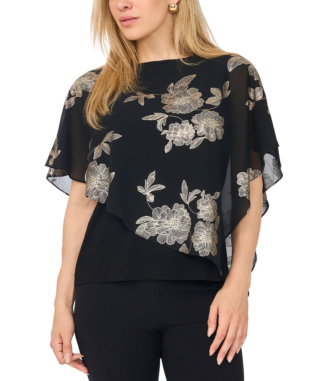 MSK Petite Combo Overlay Asymmetrical Floral-Metallic Top