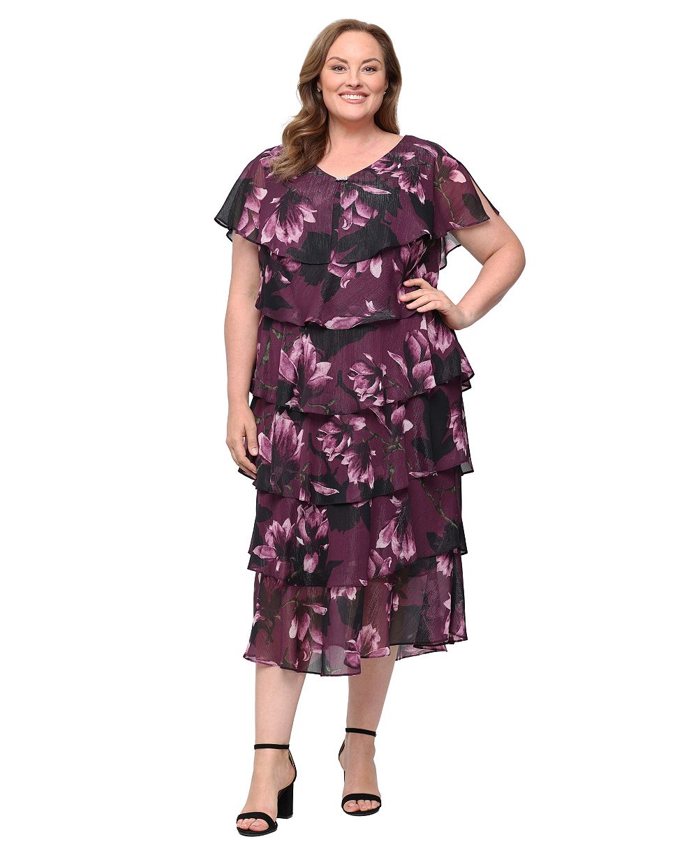 Платье Plus Size SL Fashions с цветочным принтом и многослойным V-образным вырезом