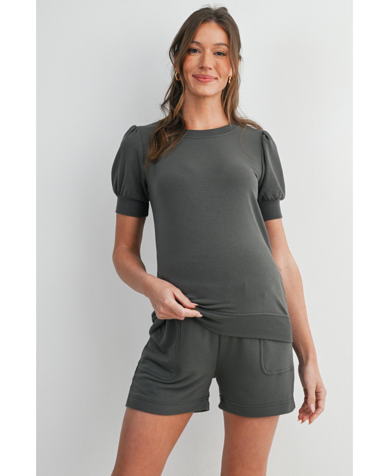 Hello Miz Maternity French Terry Lounge Set - Puff Sleeve Top and Shorts with Pockets