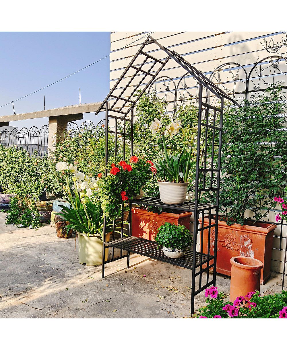Clihome Metal Garden Arch with Bench Turned into Flower Stand W58.07H97.24 Climbing Plants Support Rose Arch Outdoor