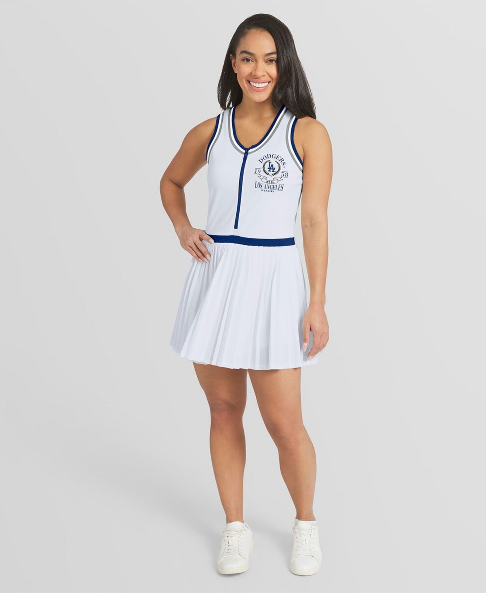 WEAR by Erin Andrews Women's White Los Angeles Dodgers Zip-Front Pleated Tri-Blend Scoop Neck Tank Dress