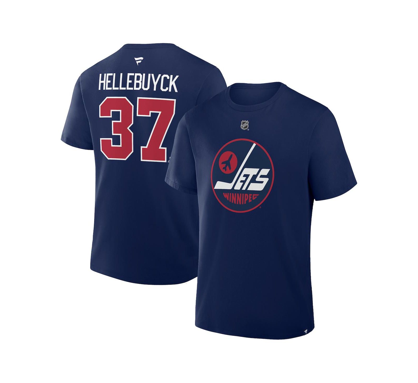 Fanatics Men's Connor Hellebuyck Navy Winnipeg Jets Authentic Stack Name & Number T-Shirt