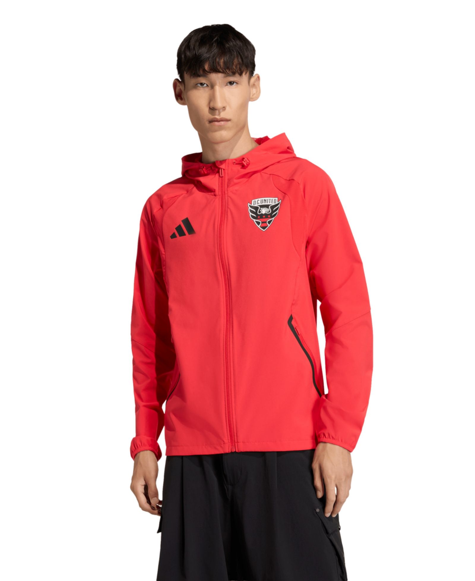 Adidas Men's Light Red D.C. United Tiro Travel Full-Zip Hooded Windbreaker