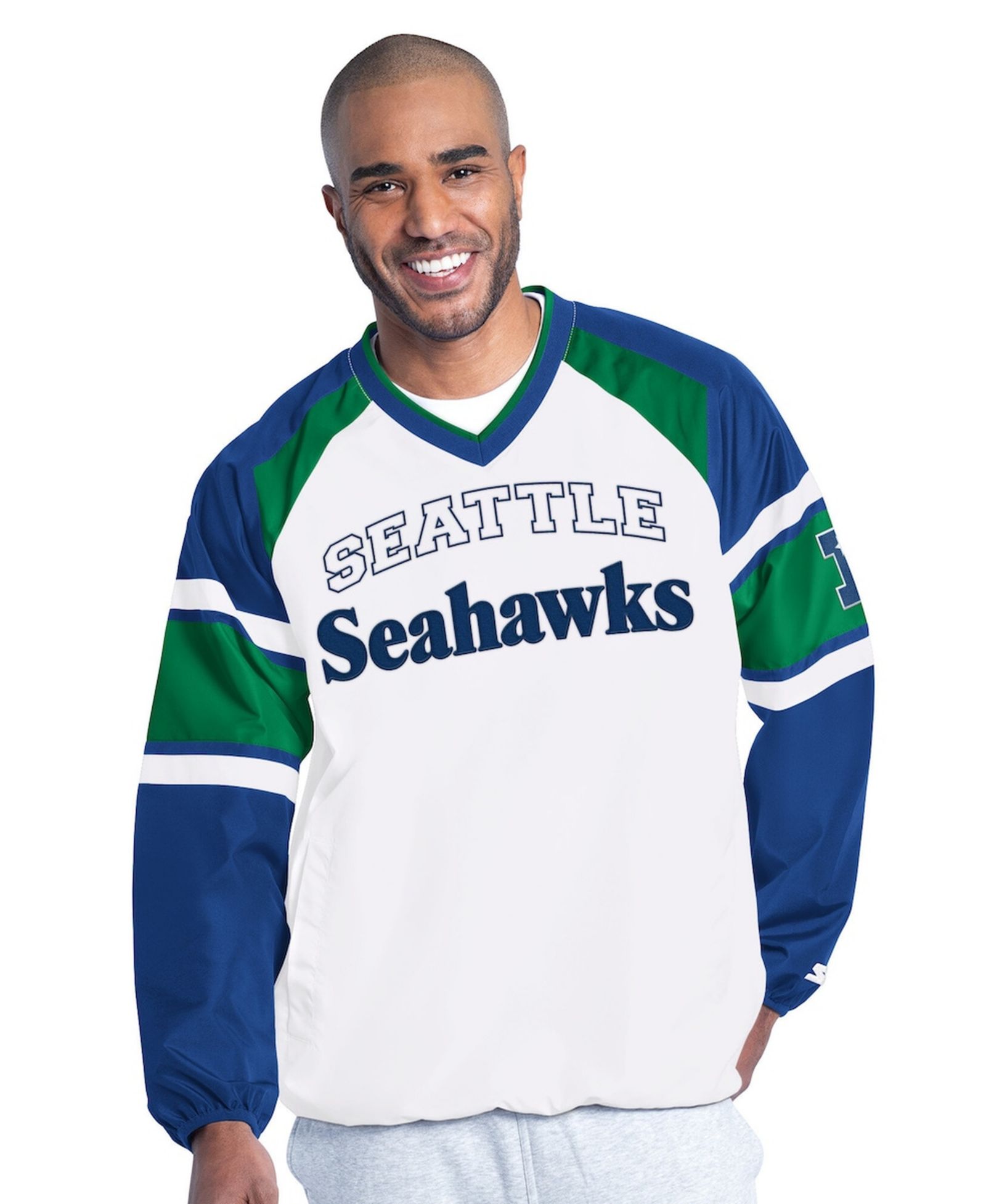 Starter Men's White Seattle Seahawks Infield Play Raglan Pullover Jacket