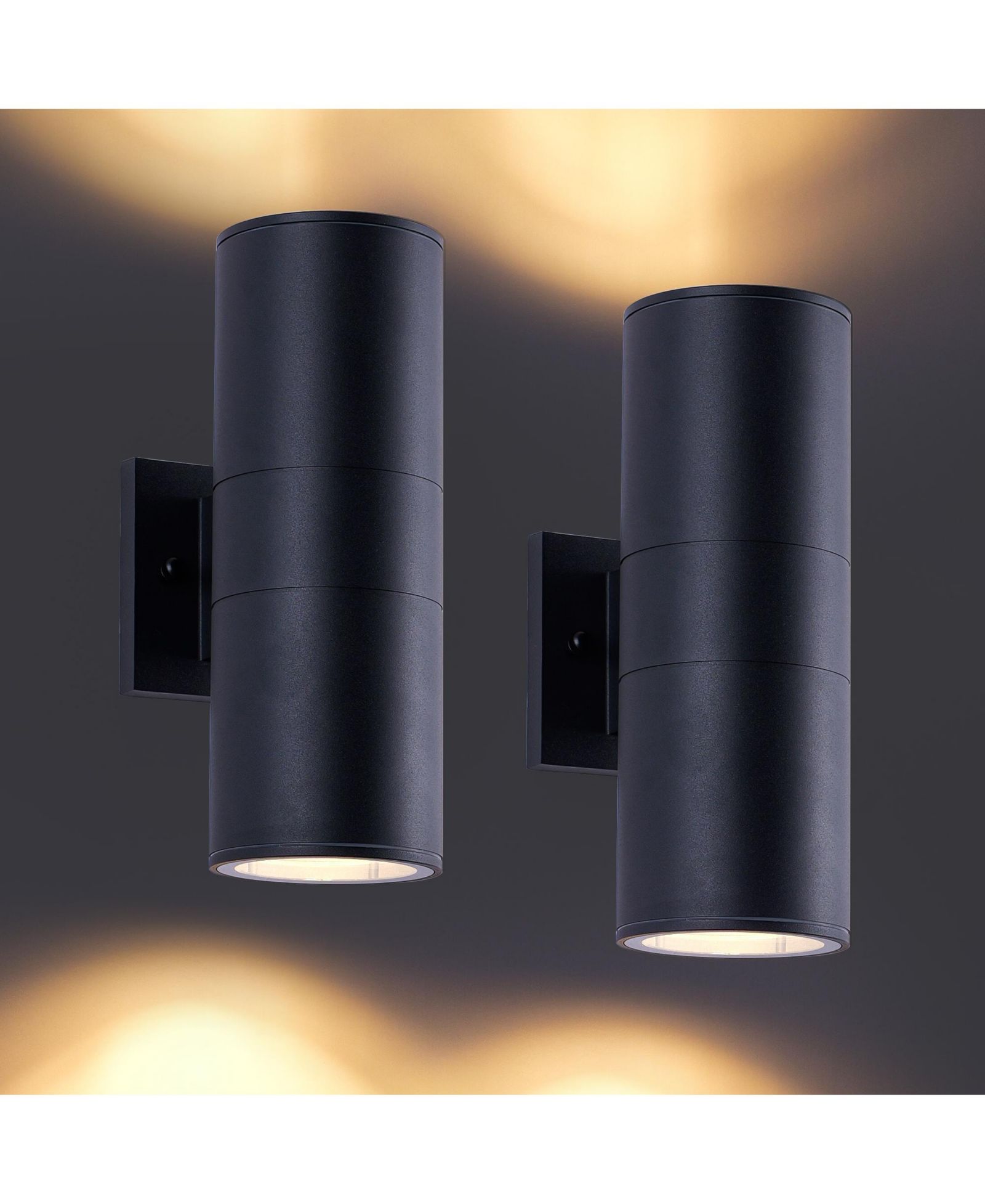 BUSDAYS 2 Pack Matte Black Outdoor Wall Sconce 12 Inch 2 Lights Aluminum Cylinder Tempered Glass Waterproof Porch Patio Light