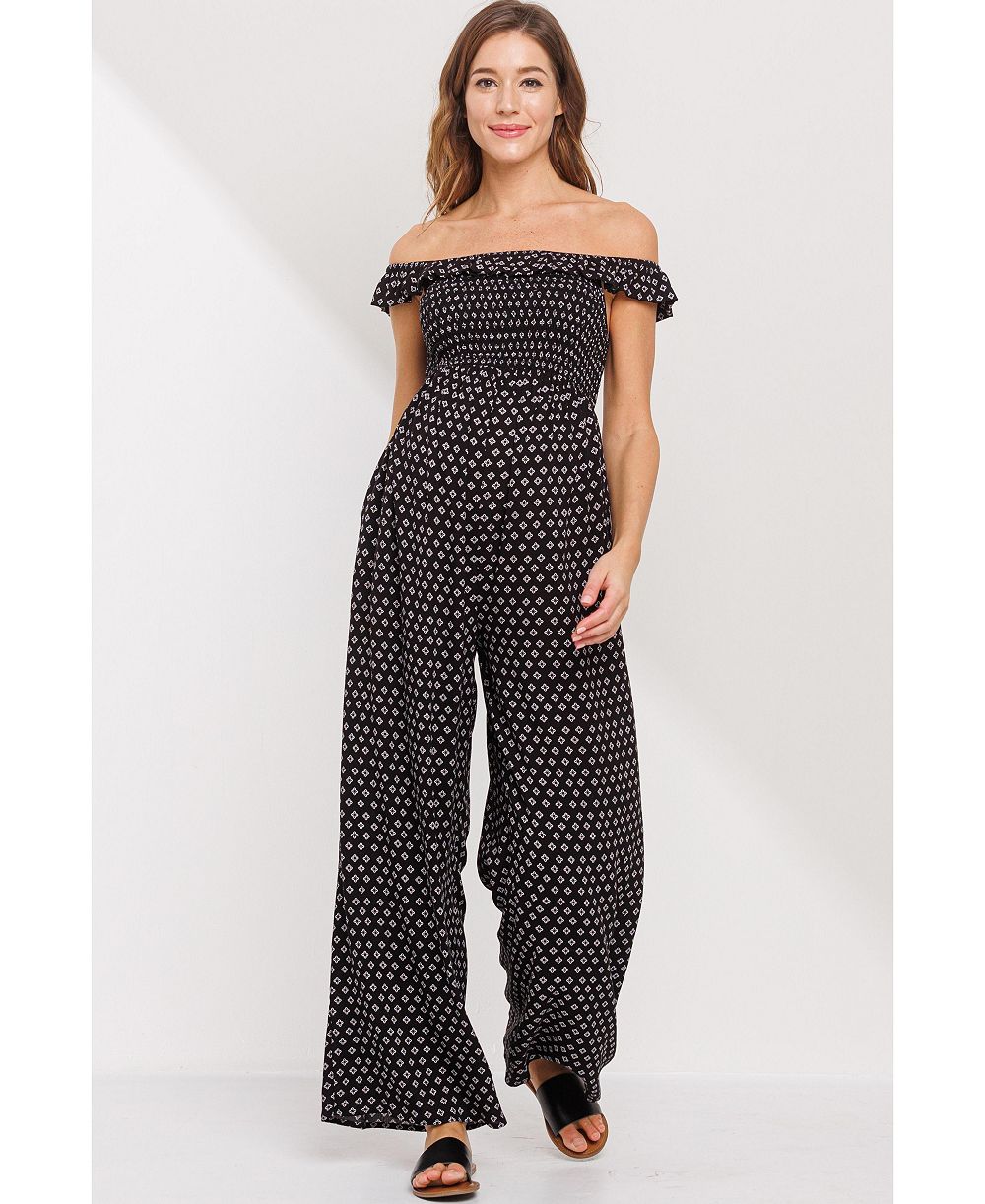 Hello Miz Maternity Smocked Wide Leg Off the Shoulder Jumpsuit with Pockets