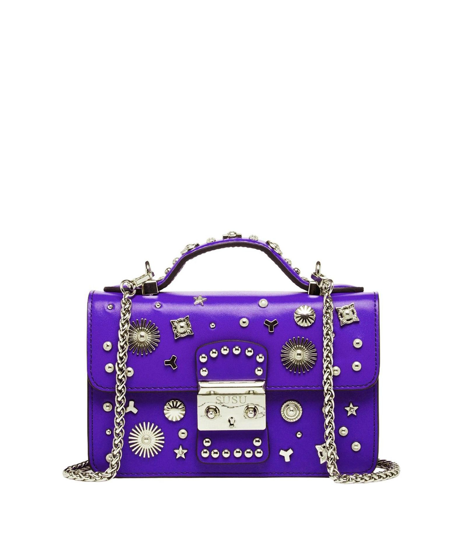 SUSU Women's Royal Leather Studded Mini Crossbody Bag Structured Top Handle Satchel with Buckle Closure
