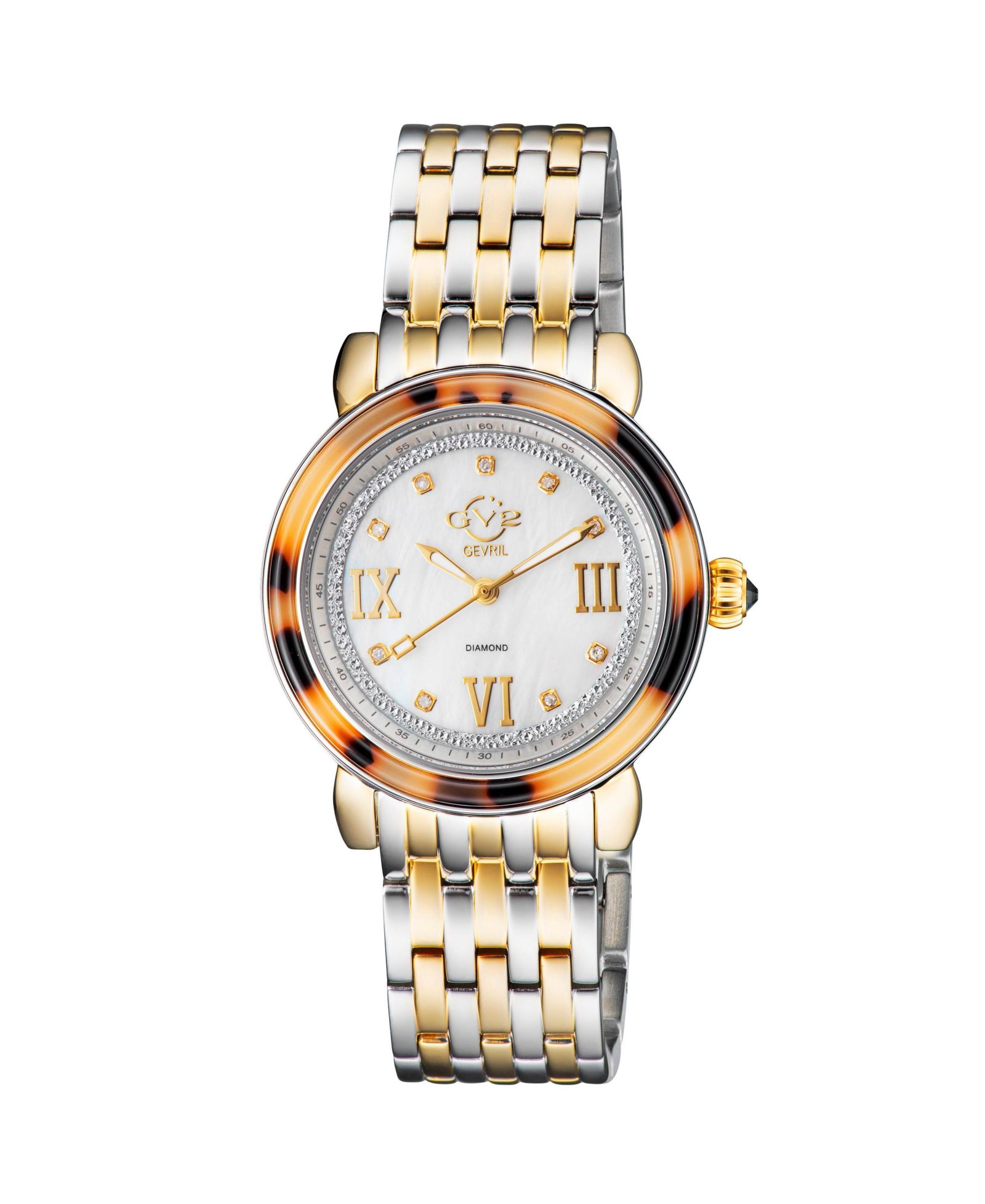 Женские часы GV2 by Gevril Marsala Tortoise Swiss Quartz Diamond Two toned SS IPYG Stainless Steel Bracelet Watch