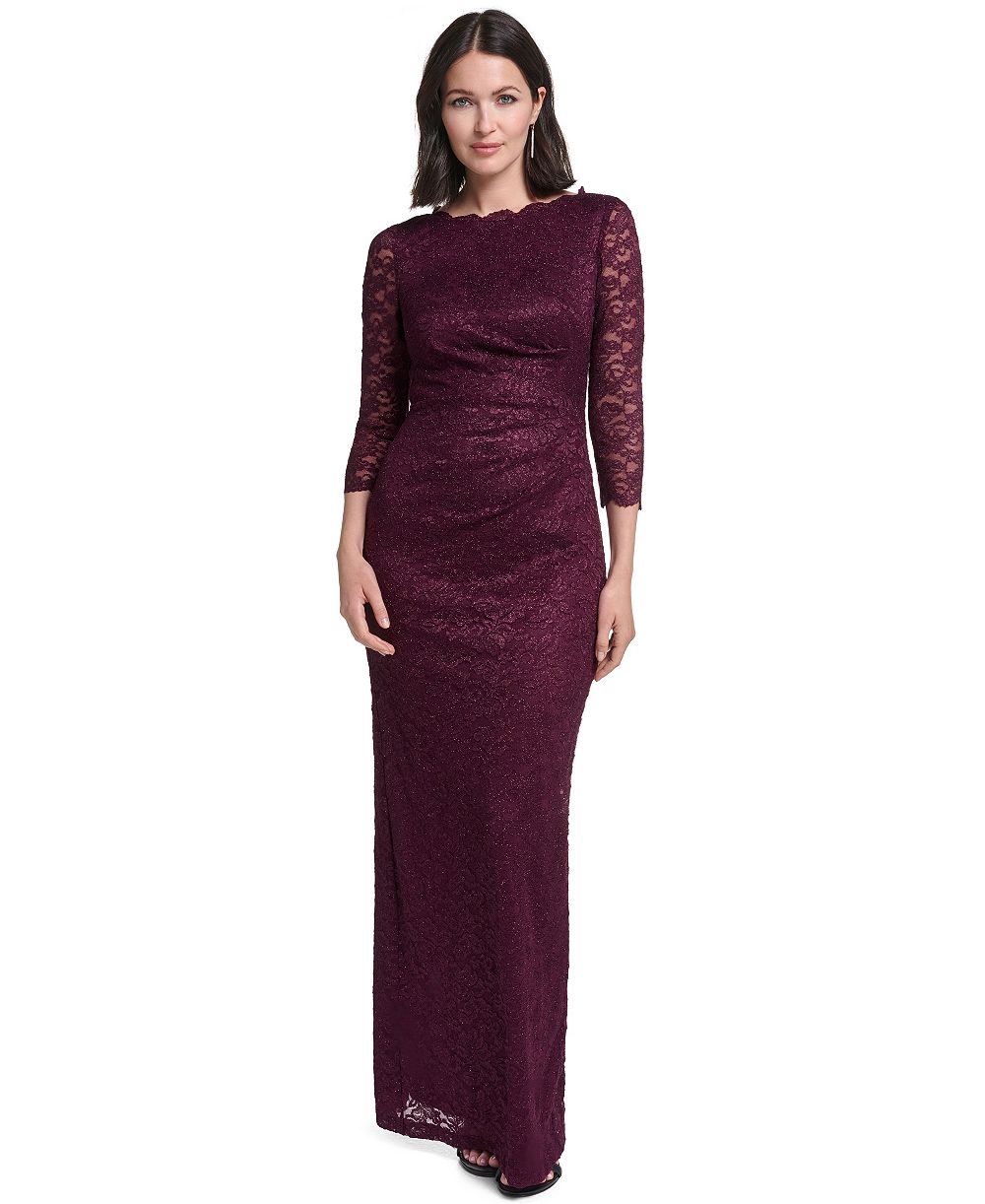 Jessica Howard Petite 3/4-Sleeve Side-Tuck Lace Gown