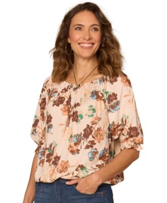 Democracy Женский тканый топ с круглым вырезом Printed Scoop Neck