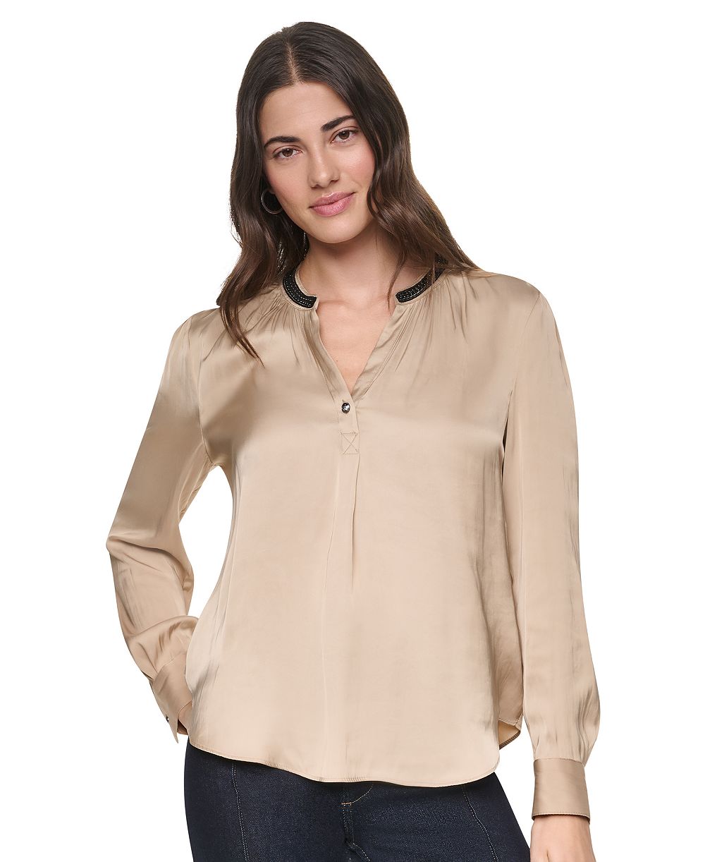 DKNY Women's V-Neck Satin Long-Sleeve Top