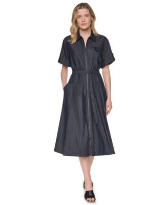DKNY Women's Collared Short-Sleeve Removable Belt Midi Dress
