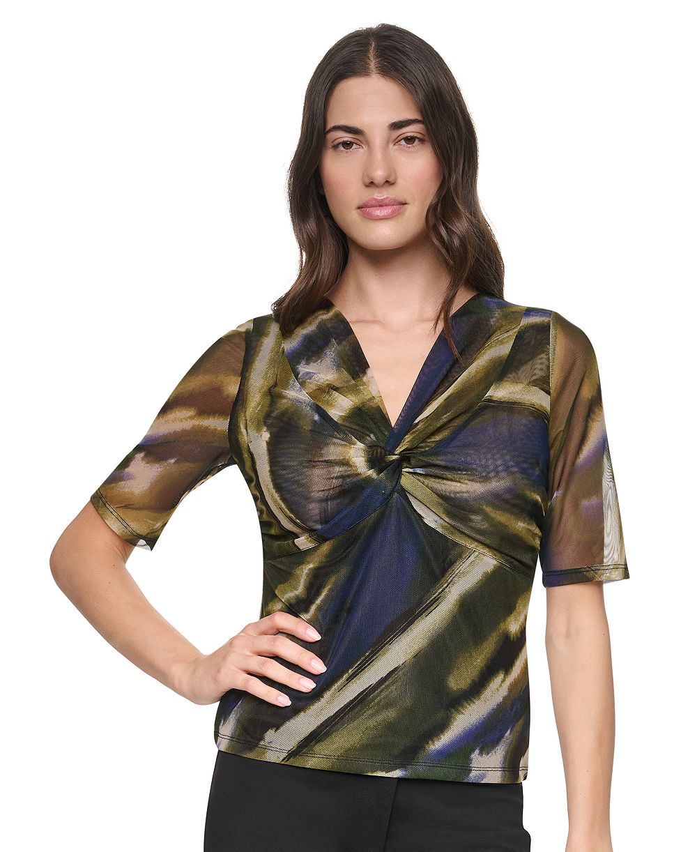 DKNY Женский Printed Mesh Twist-Front V-Neck Top
