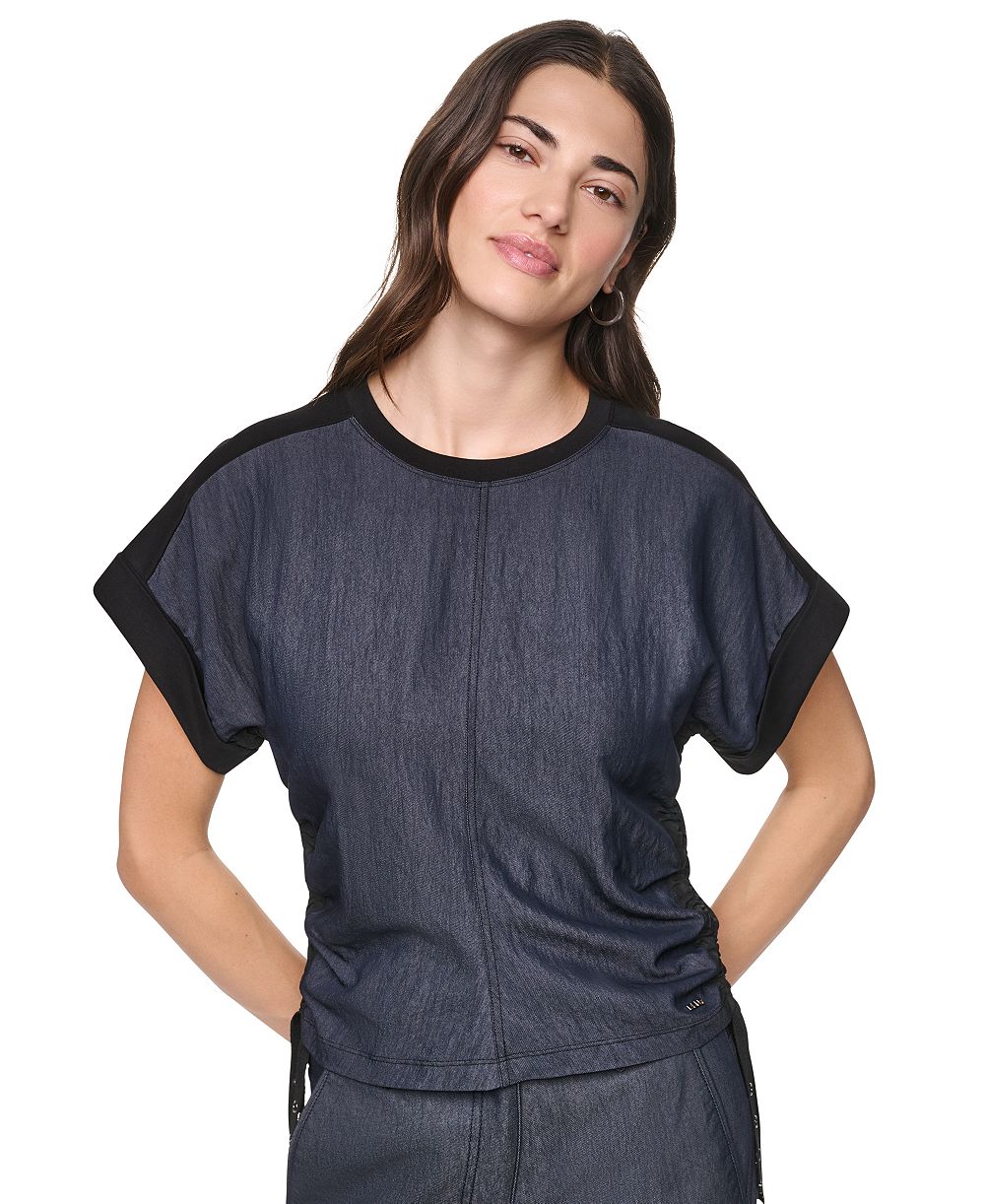 DKNY Women's Washed Heavy Cotton Side-Ruched Short-Sleeve Top