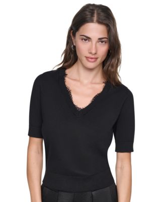 DKNY Women's Lace Trim Crewneck Short-Sleeve Cotton Sweater