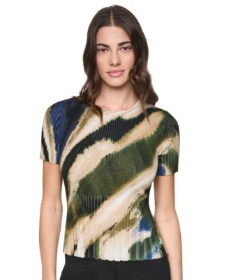 DKNY Women's Printed Rib Knit Crewneck Short-Sleeve Sweater