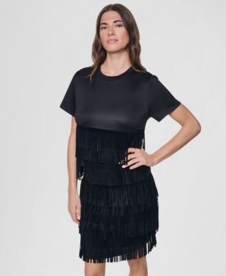 DKNY Женский топ с пайетками и бахромой с коротким рукавом