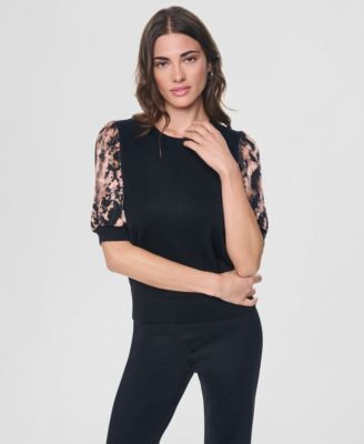 DKNY Women's Printed Twist-Sleeve Mix Media Sweater