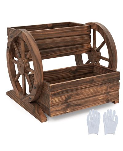 SUGIFT 2-Tier Raised Garden Bed Rustic Wood Wagon Shape with Drainage Holes and Wheels-Coffee