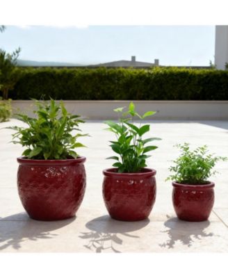 Clihome Handmade Glazed Ceramic Planter Set of 3, 15/13/9 Inch Diameter, Ring Pattern, Breathable Clay
