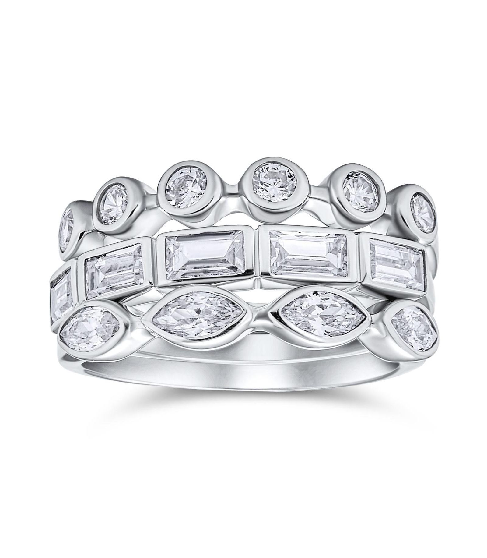 Bling Jewelry Stackable Eternity Band Ring Set 3PC CZ Baguette Marquise Round .925 Sterling Silver