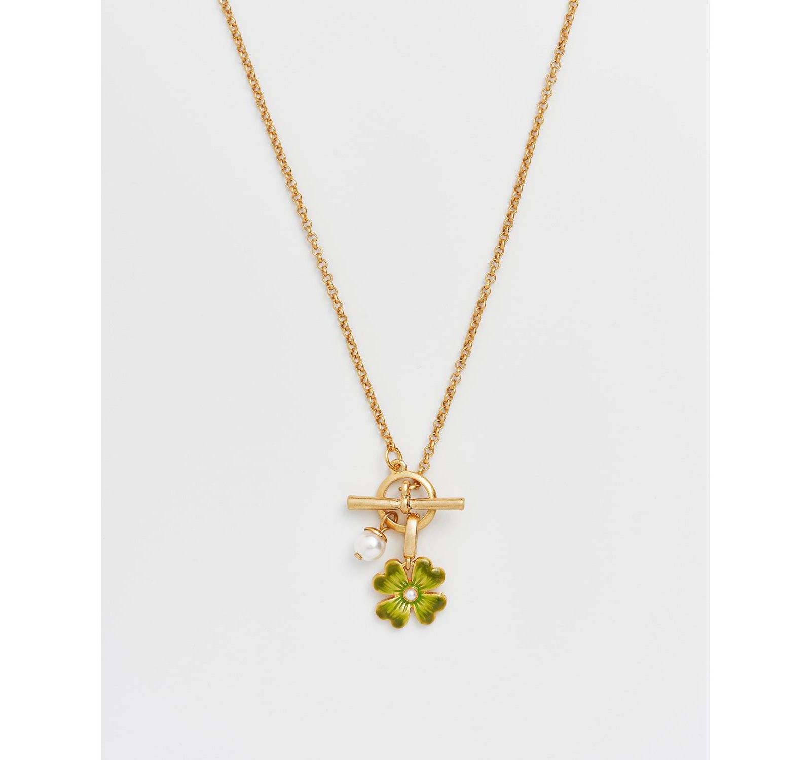 Fable England Lucky Clover and Pearl Toggle Necklace